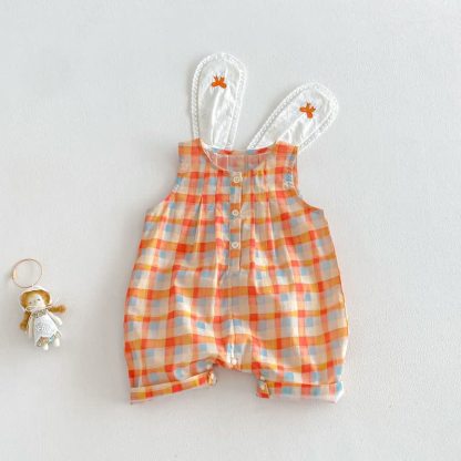 Baby Toddler Girl Orange Plaid Lace Trim Summer Sleeveless Romper/Top and Pants 2-piece Set - Orange Romper - 2-3T - image 3