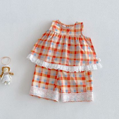 Baby Toddler Girl Orange Plaid Lace Trim Summer Sleeveless Romper/Top and Pants 2-piece Set - Orange Set - 4-5T - image 5