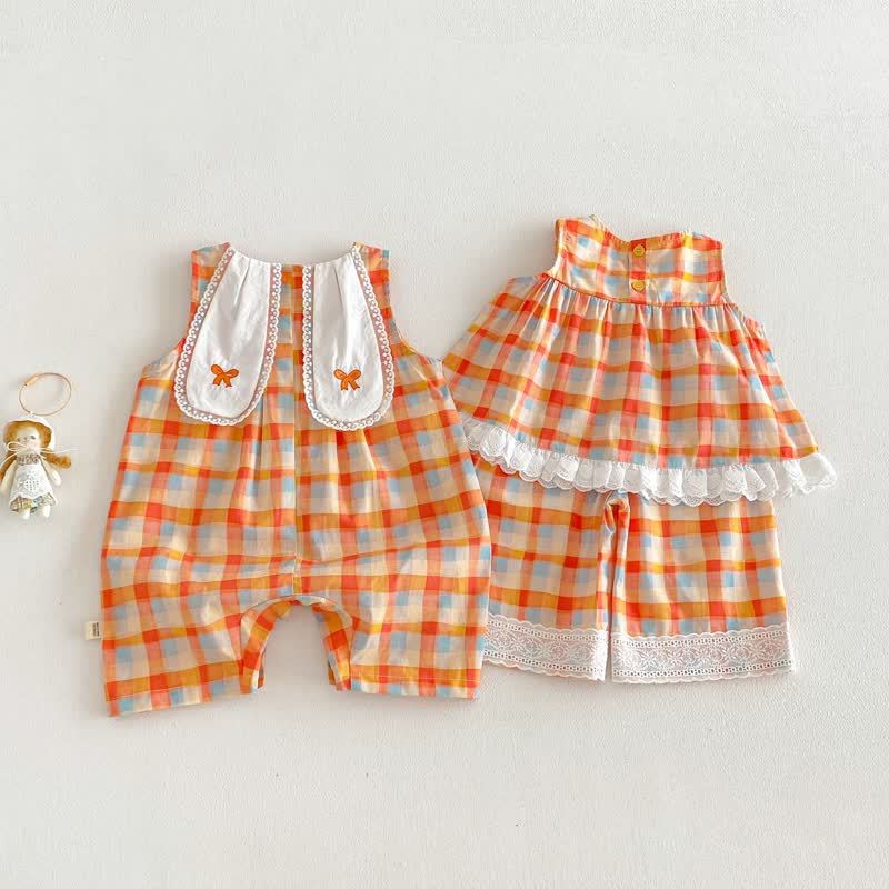 Baby Toddler Girl Orange Plaid Lace Trim Summer Sleeveless Romper/Top and Pants 2-piece Set - image 2