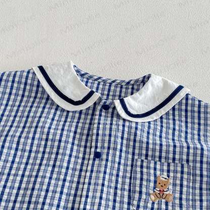 Baby Boy Bear Blue Plaid Summer Sleeveless Romper - image 3