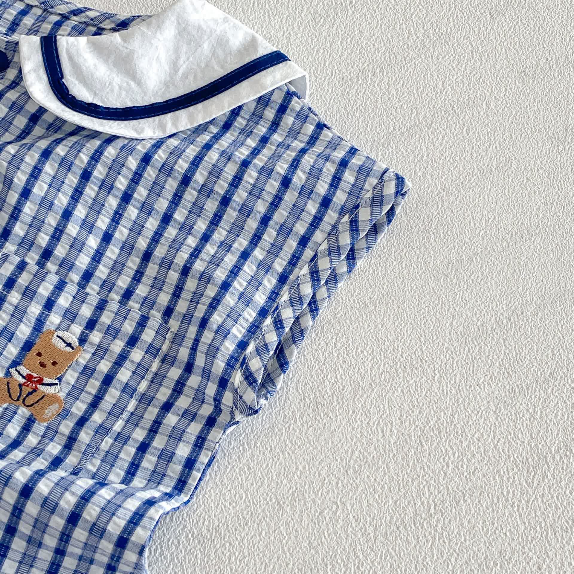 Baby Boy Bear Blue Plaid Summer Sleeveless Romper - image 5