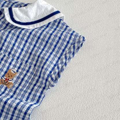 Baby Boy Bear Blue Plaid Summer Sleeveless Romper - image 5