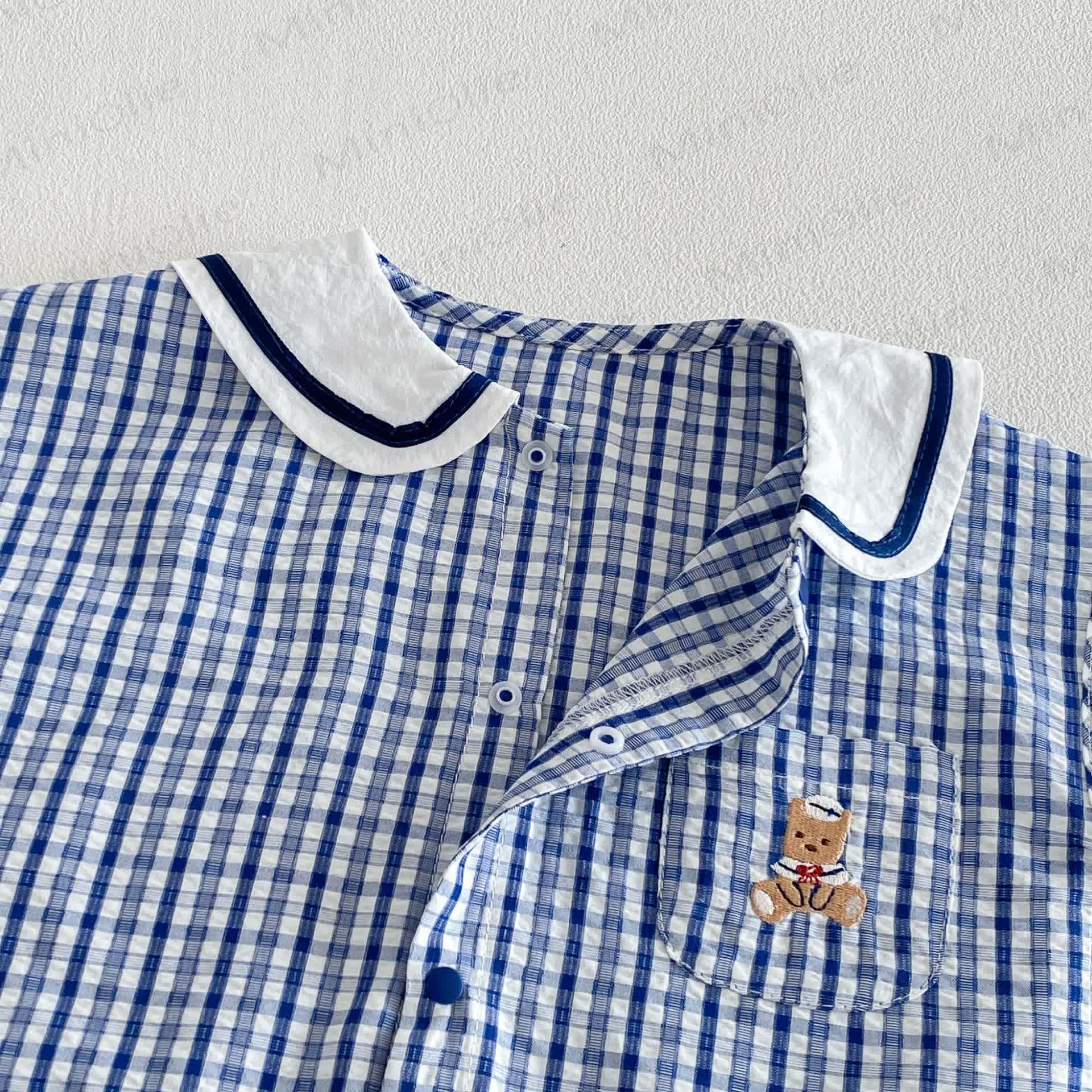 Baby Boy Bear Blue Plaid Summer Sleeveless Romper - image 4