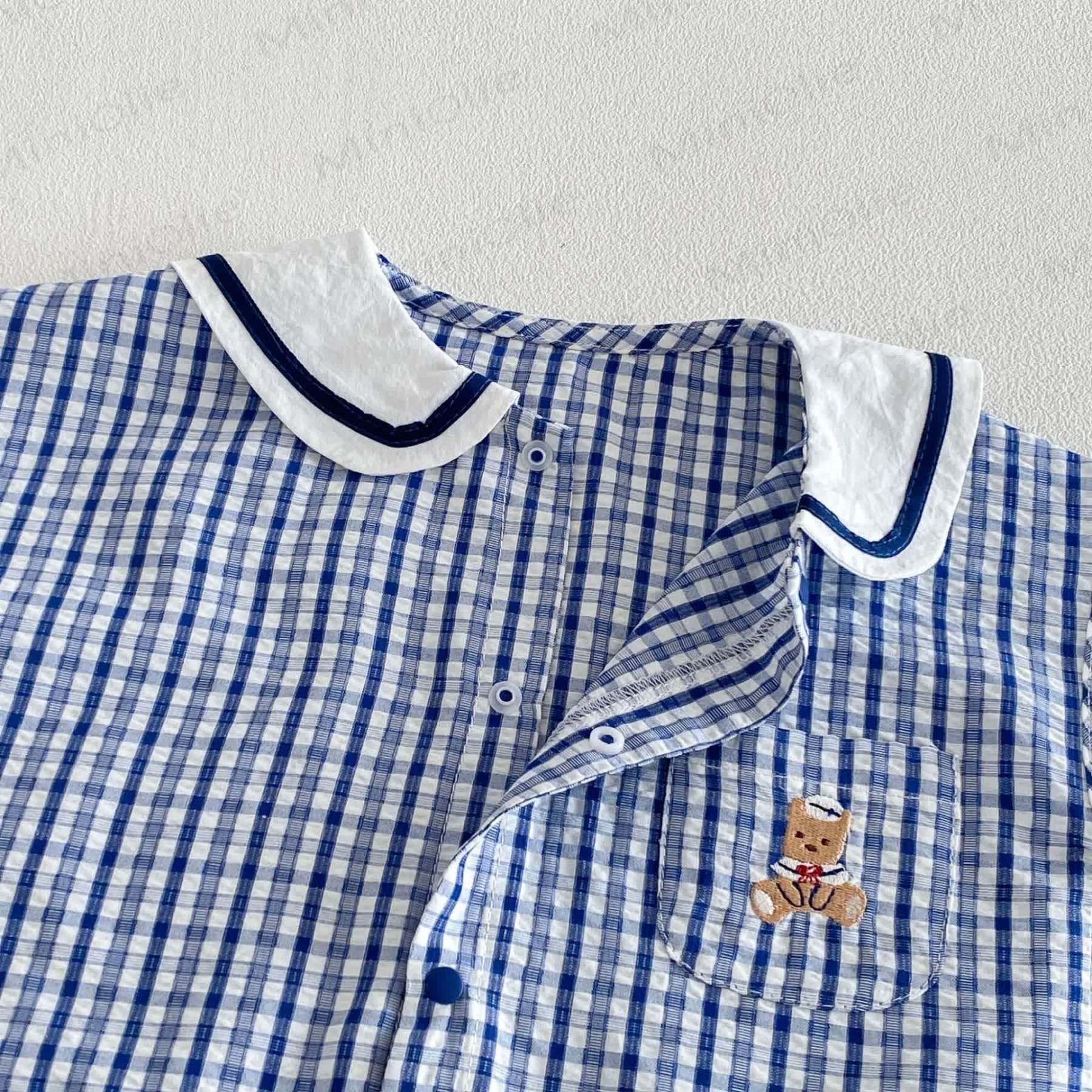 Baby Boy Bear Blue Plaid Summer Sleeveless Romper - image 4