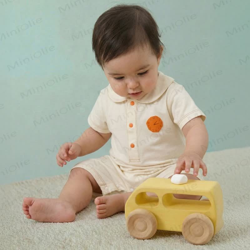 Baby Collared Knit Clock Print Short Sleeves Romper - Beige - 18-24M - image 2