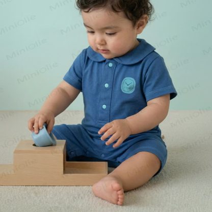 Baby Collared Knit Clock Print Short Sleeves Romper - Navy - 18-24M - image 3