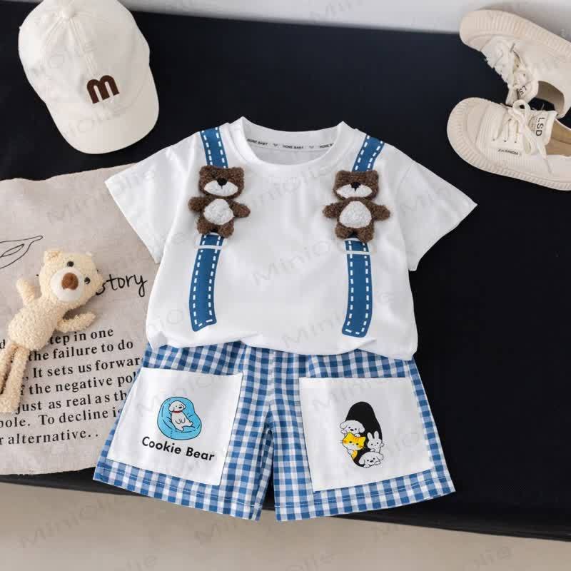  Baby Toddler Bear Print Top and Plaid Shorts 2-Piece Set - White - 4-5T - image 1
