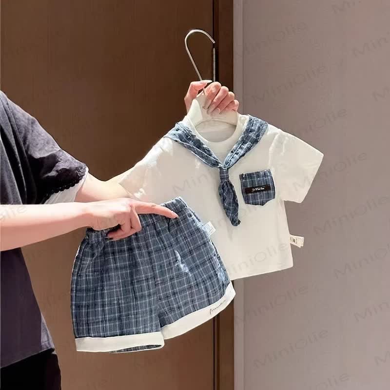 Baby Sailor Collar Tee and Plaid Shorts 2-Piece Set - Blue - 3-4T - image 1