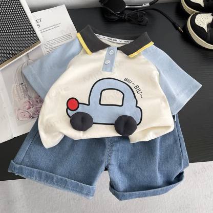 Baby Toddler Boys Car Print Polo Tee and Denim Shorts 2-Piece Set - image 1