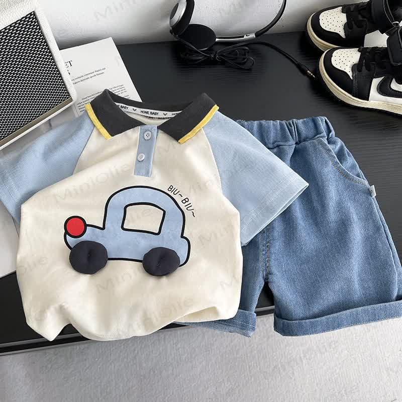 Baby Toddler Boys Car Print Polo Tee and Denim Shorts 2-Piece Set - Blue - 4-5T - image 2
