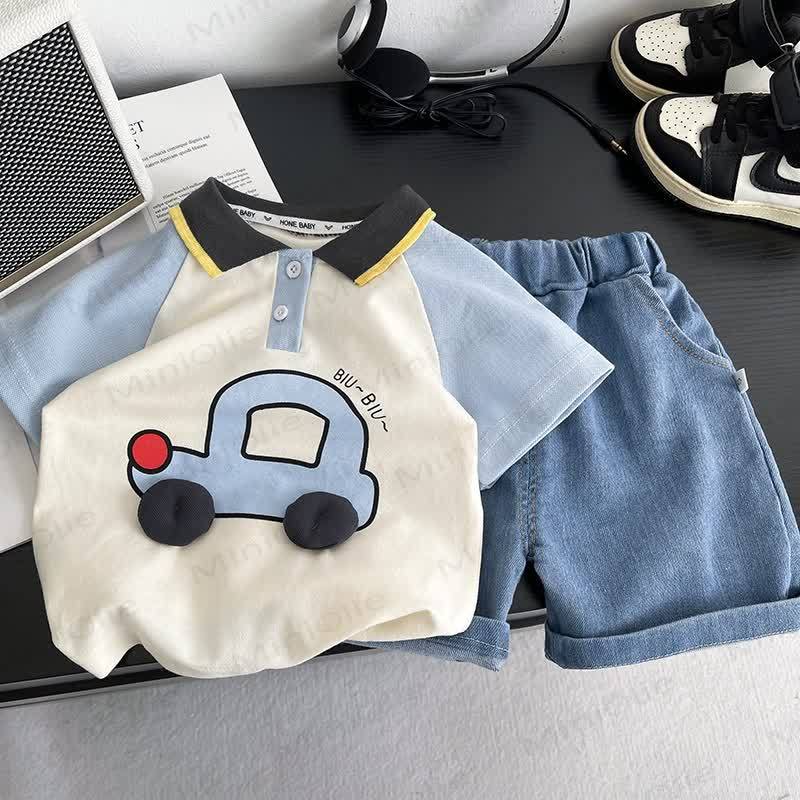 Baby Toddler Boys Car Print Polo Tee and Denim Shorts 2-Piece Set - Blue - 4-5T - image 2