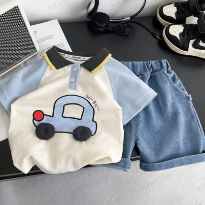 Baby Toddler Boys Car Print Polo Tee and Denim Shorts 2-Piece Set - Blue - 4-5T - image 2