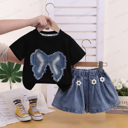 Baby Toddler Girl Bow Tee & Shorts Set - Black - 4-5T - image 1