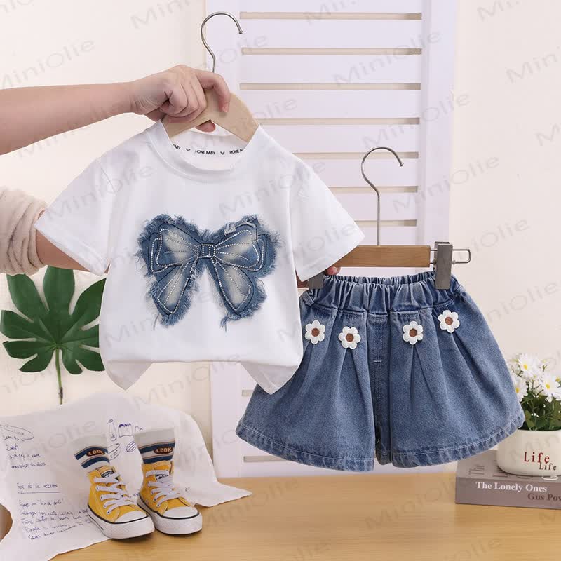 Baby Toddler Girl Bow Tee & Shorts Set - White - 4-5T - image 2