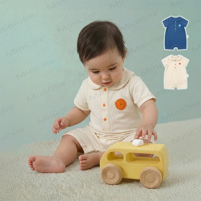 Baby Collared Knit Clock Print Short Sleeves Romper - image 1