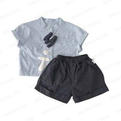 Baby Boys Blue Shirt and Solid Black Shorts 2-Piece Set - image 2