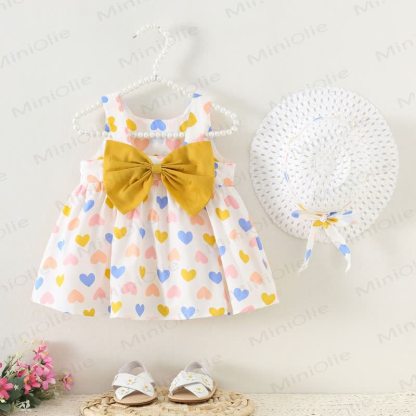 Baby Girls Heart Print Bow Sleeveless Dress - White - 2-3T - image 1