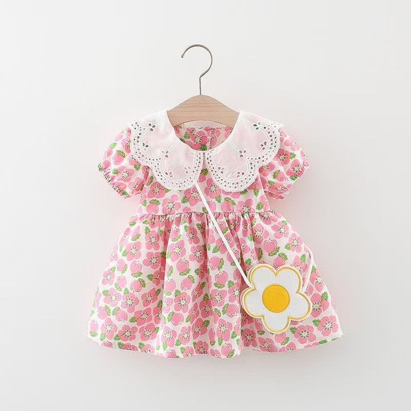 Baby Girls Plum Blossom Print Lace Collar Short Sleeves Dress - Red - 2-3T - image 1