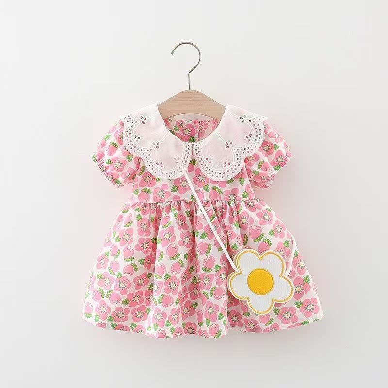 Baby Girls Plum Blossom Print Lace Collar Short Sleeves Dress - Red - 2-3T - image 1