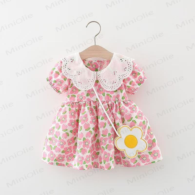 Baby Girls Plum Blossom Print Lace Collar Short Sleeves Dress - Red - 2-3T - image 1