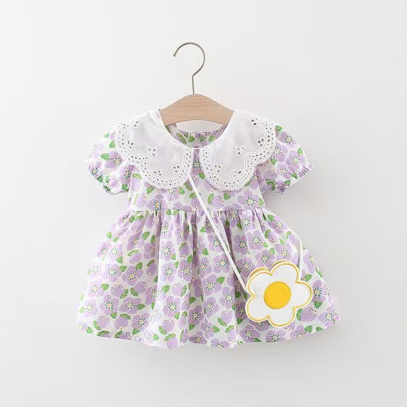Baby Girls Plum Blossom Print Lace Collar Short Sleeves Dress - Purple - 2-3T - image 2