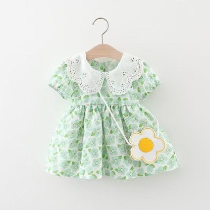 Baby Girls Plum Blossom Print Lace Collar Short Sleeves Dress - Green - 2-3T - image 3