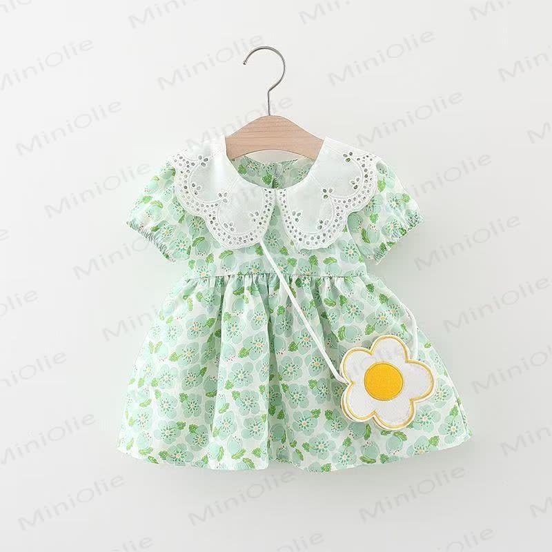 Baby Girls Plum Blossom Print Lace Collar Short Sleeves Dress - Green - 2-3T - image 3