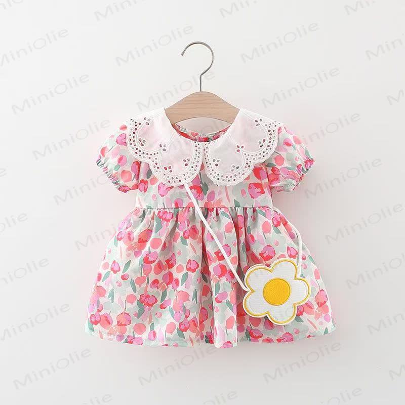 Baby Girls Tulip Print Lace Collar Short Sleeves Dress - Red - 2-3T - image 1