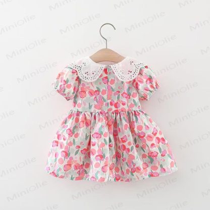 Baby Girls Tulip Print Lace Collar Short Sleeves Dress - image 2