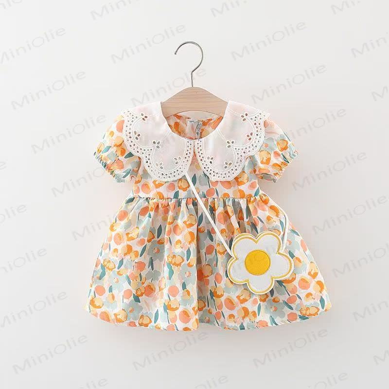 Baby Girls Tulip Print Lace Collar Short Sleeves Dress - Orange - 2-3T - image 4