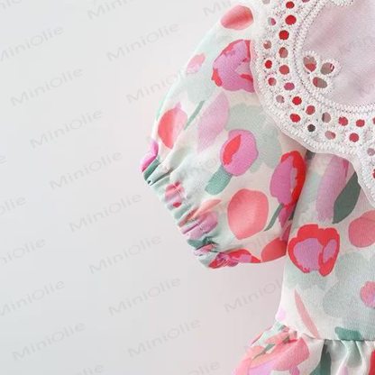 Baby Girls Tulip Print Lace Collar Short Sleeves Dress - image 7