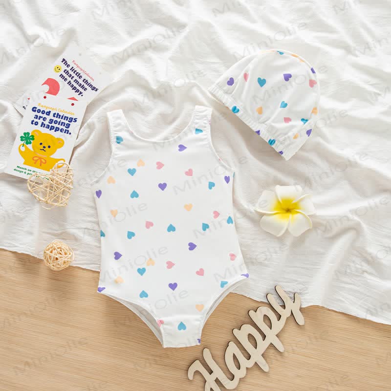 Baby Toddler Girls Heart Print Swimwear with Swim Cap - image 1