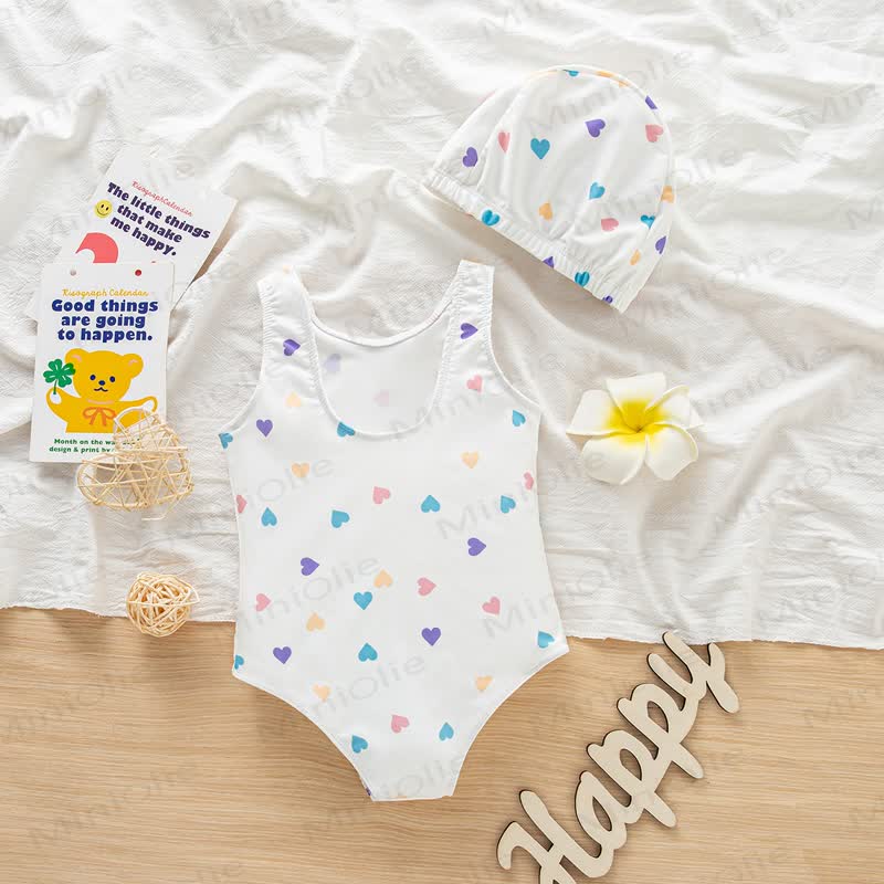 Baby Toddler Girls Heart Print Swimwear with Swim Cap - image 3