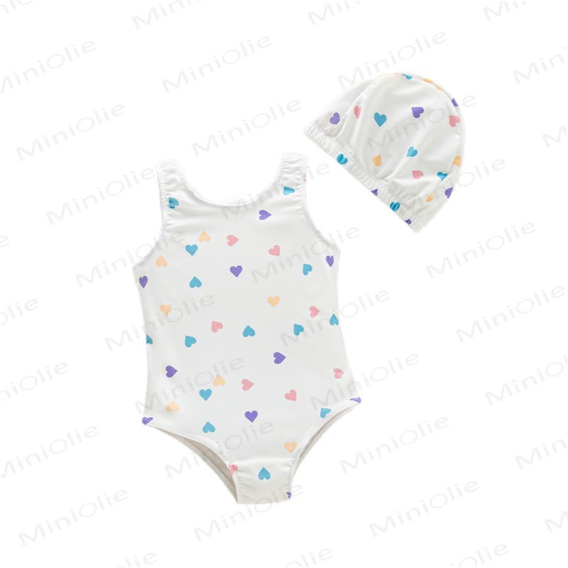 Baby Toddler Girls Heart Print Swimwear with Swim Cap - Beige - 4-5T - image 2