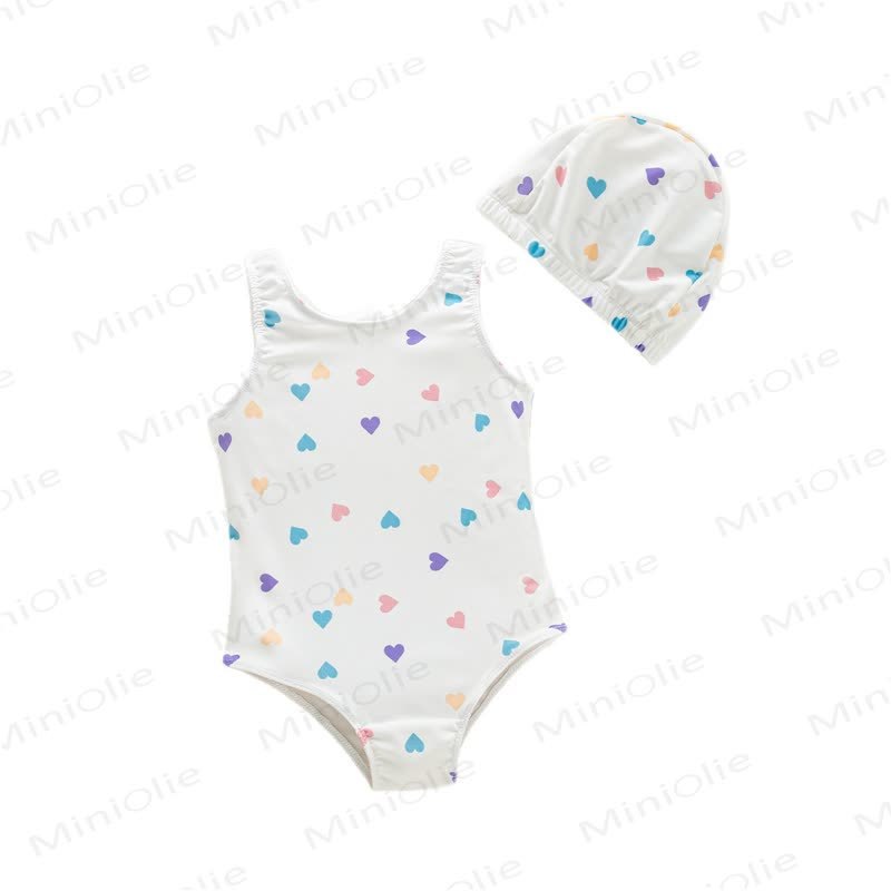 Baby Toddler Girls Heart Print Swimwear with Swim Cap - Beige - 4-5T - image 2