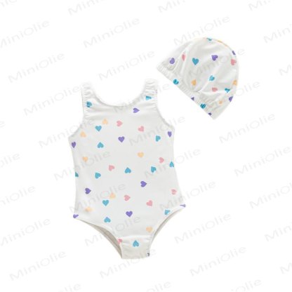Baby Toddler Girls Heart Print Swimwear with Swim Cap - Beige - 4-5T - image 2