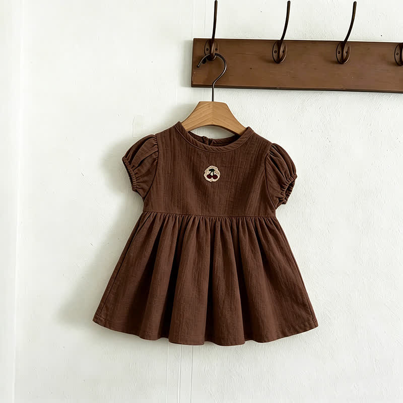 Baby Toddler Girl Cherry-Embroidered Puff Sleeve Dress - Brown - 4-5T - image 4