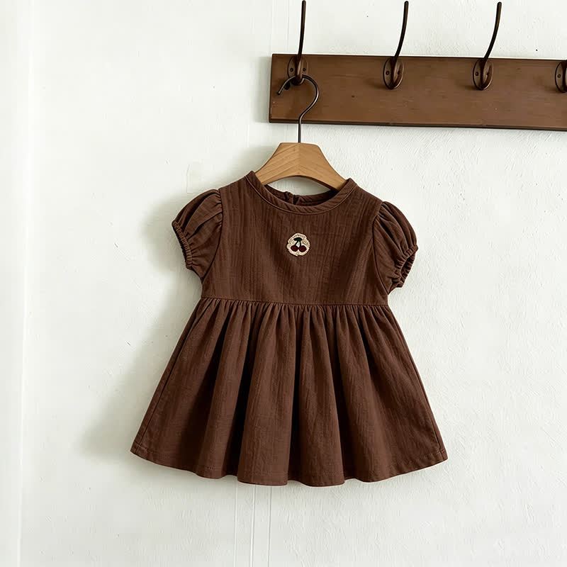 Baby Toddler Girl Cherry-Embroidered Puff Sleeve Dress - Brown - 4-5T - image 4