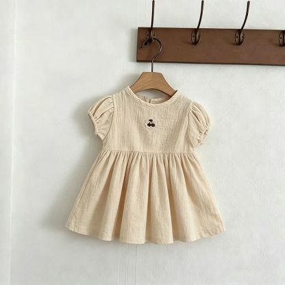 Baby Toddler Girl Cherry-Embroidered Puff Sleeve Dress - Beige - 4-5T - image 3
