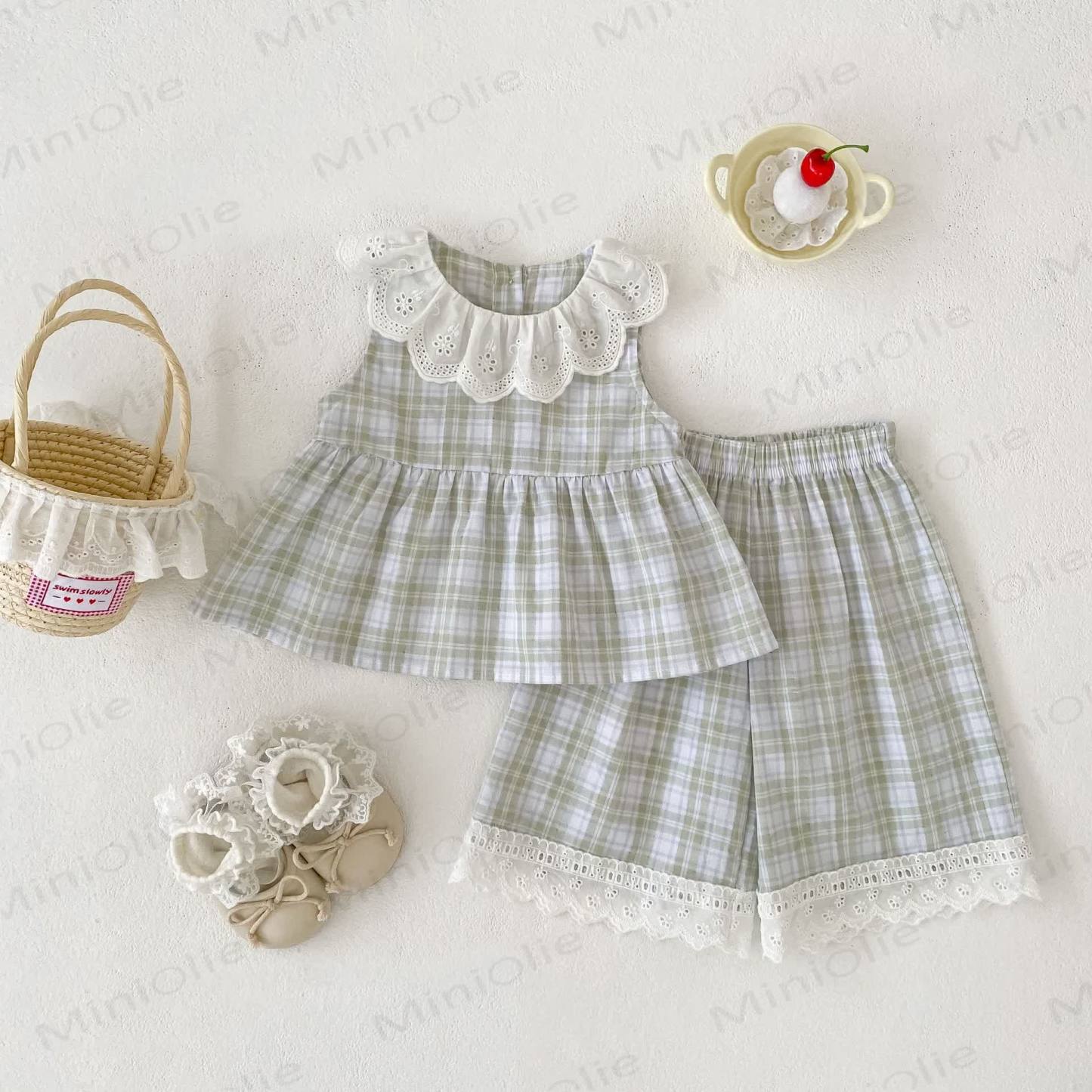 Baby Toddler Girl Plaid Sleeveless Top and Shorts Set  - Green - 4-5T - image 2