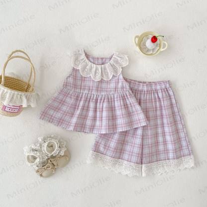 Baby Toddler Girl Plaid Sleeveless Top and Shorts Set  - Purple - 4-5T - image 3