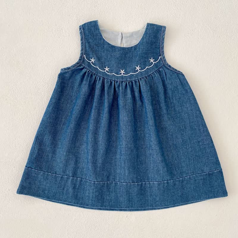 Baby Chambray Embroidered Sleeveless Dress - Blue - 6-7T - image 1
