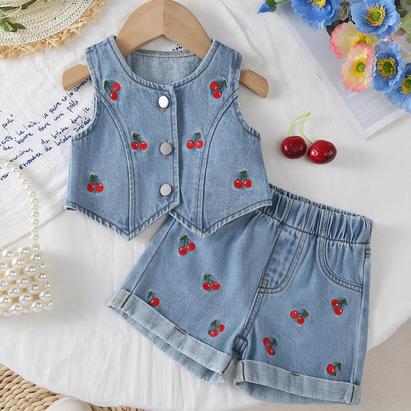 Baby Girl Denim Cherry Sleeveless Set - Light blue - 2-3T - image 1