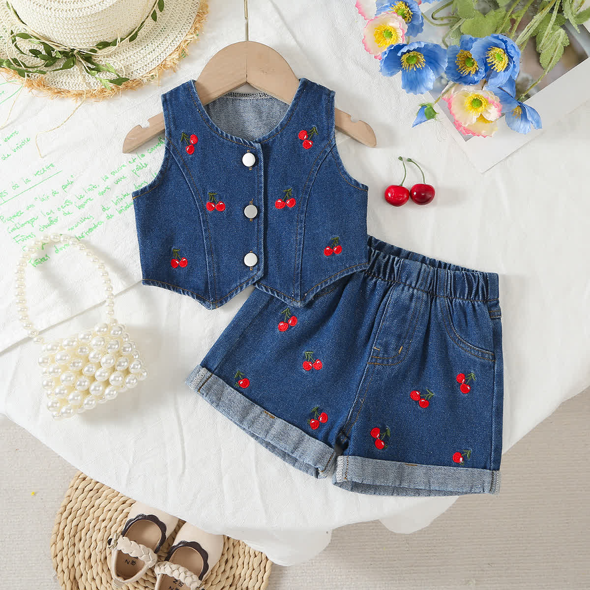 Baby Girl Denim Cherry Sleeveless Set - Deep blue - 2-3T - image 2