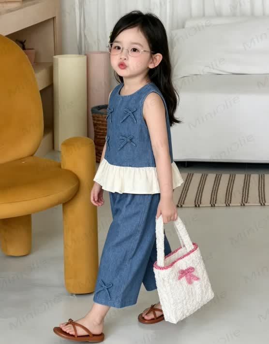 Toddler Girl Denim Bows Sleeveless Set - image 3