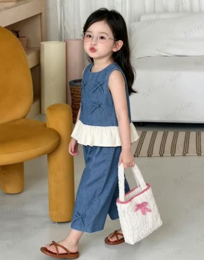Toddler Girl Denim Bows Sleeveless Set - image 3