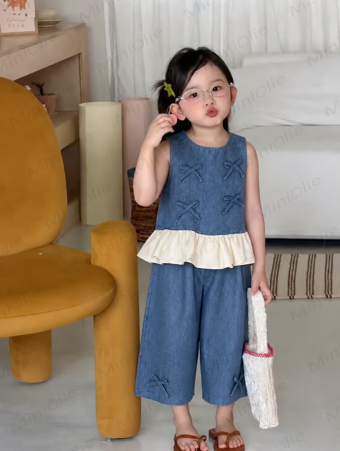Toddler Girl Denim Bows Sleeveless Set - image 2