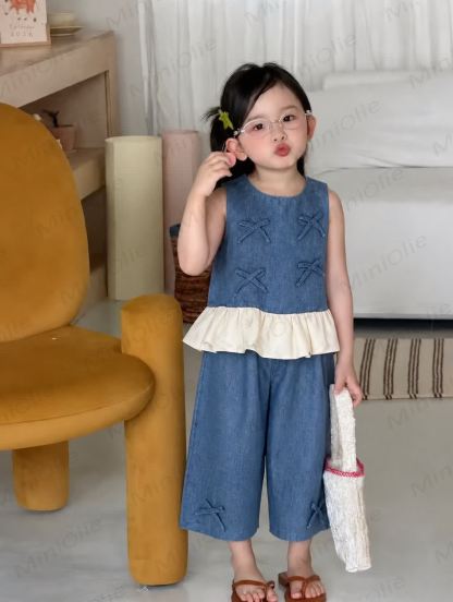 Toddler Girl Denim Bows Sleeveless Set - image 2
