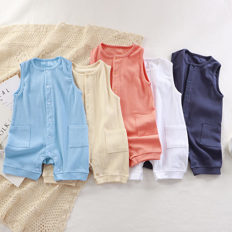 Baby Solid Color Ribbed Sleeveless Pocket Romper - image 1