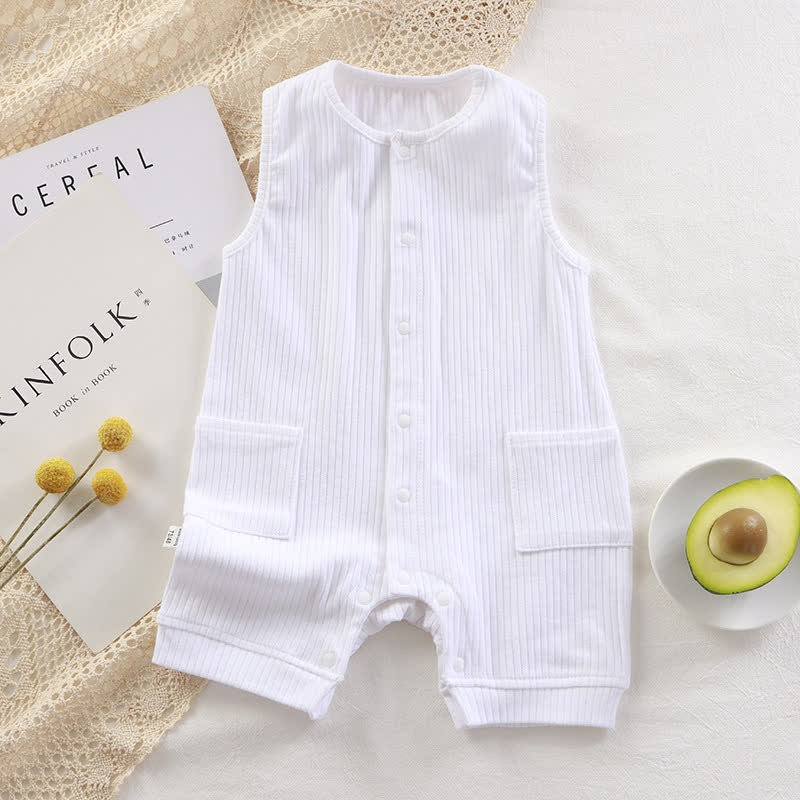 Baby Solid Color Ribbed Sleeveless Pocket Romper - White - 18-24M - image 2